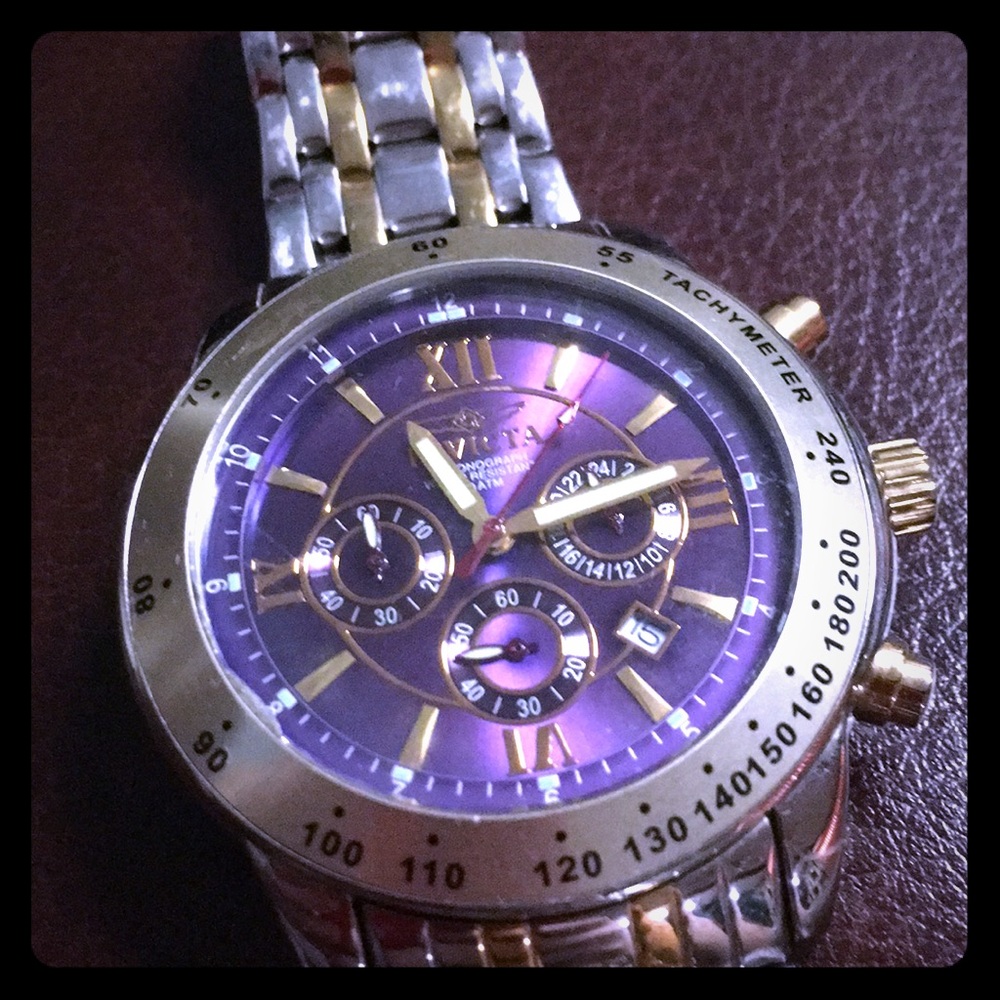 Mens Invicta Authentic Gold Silver Purple Watch